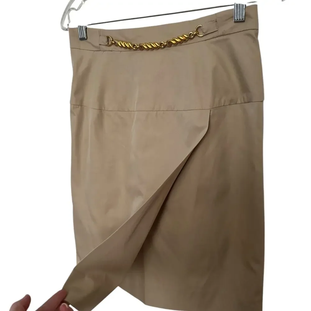 Celine Paris Khaki pencil skirt with gold embellishments size 36 small